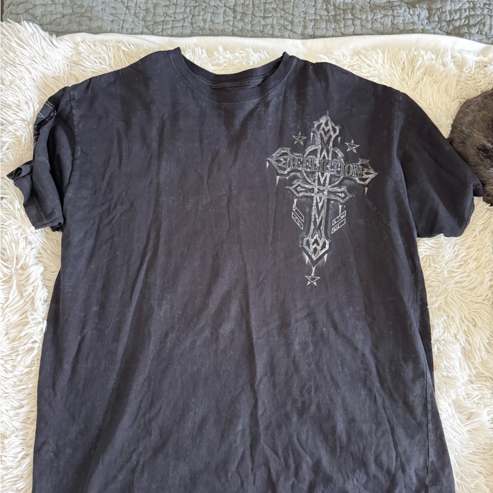 Affliction Silver and Black Short Sleeve Tee with Ornate Cross Design
